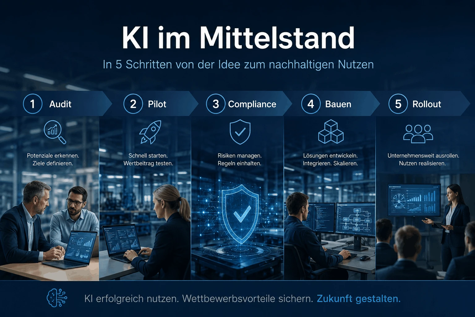 KI im Mittelstand in 5 Schritten: Audit, Pilot, Compliance, Bauen, Rollout